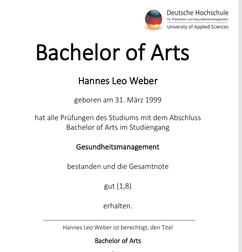 Urkunde Bachelor of Arts Gesundheitsmanagement – Hannes Leo Weber