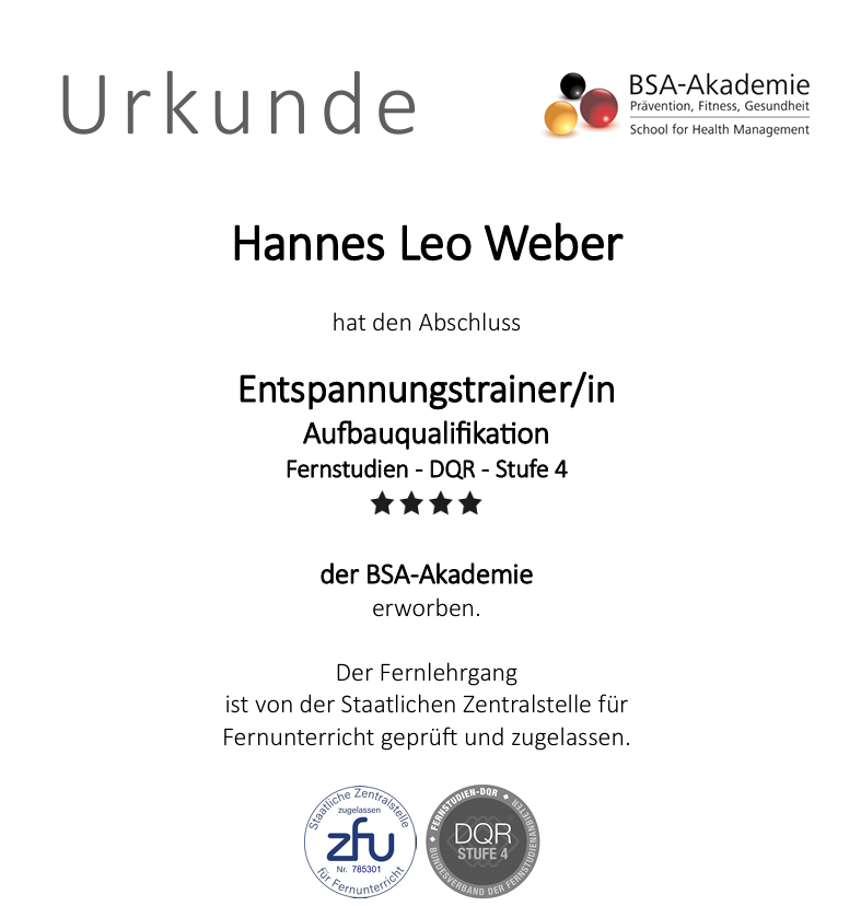 Urkunde Entspannungstrainer – BSA-Akademie