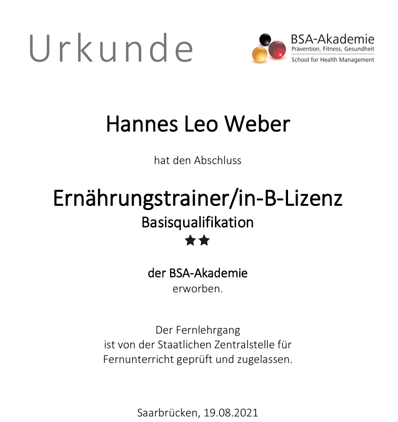 Urkunde Ernährungstrainer B-Lizenz – BSA-Akademie