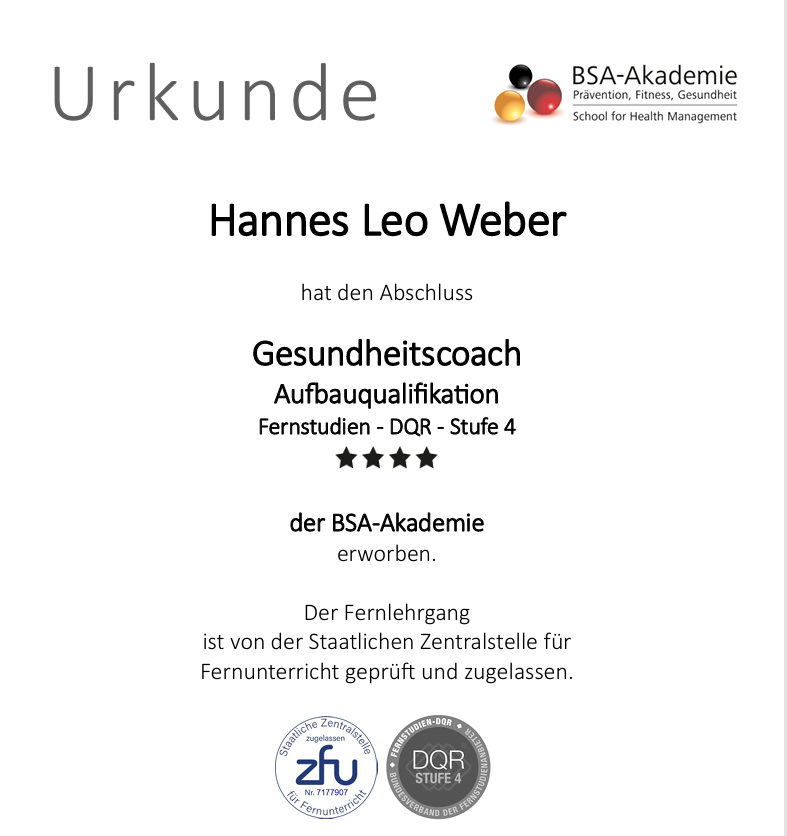 Urkunde Gesundheitscoach – BSA-Akademie