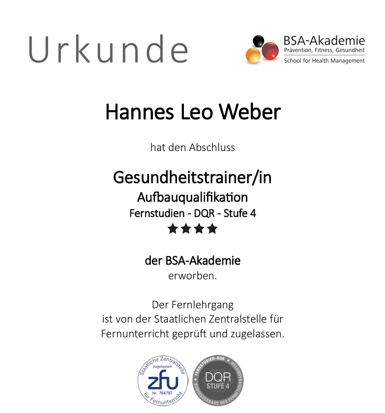 Urkunde Gesundheitstrainer – BSA-Akademie