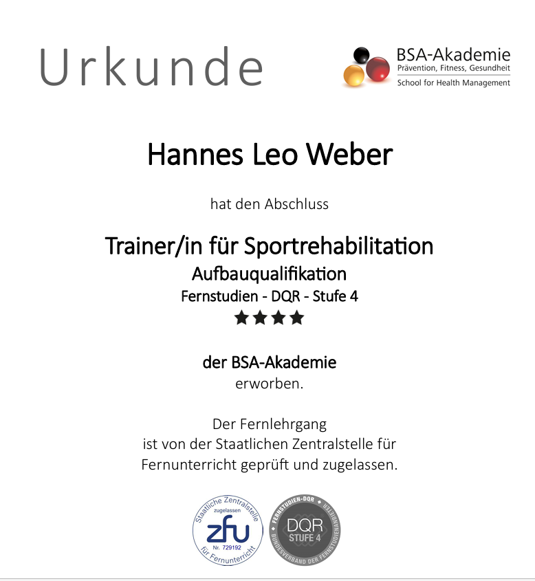 Urkunde Trainer für Sportrehabilitation – BSA-Akademie